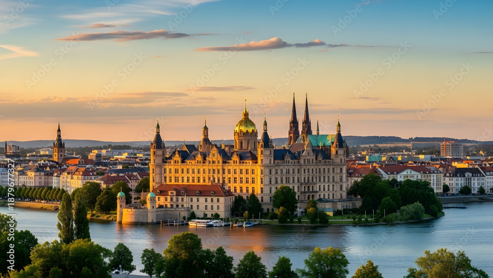Obraz premium Golden Sunset Over Majestic Schwerin Castle Reflected in the Lake with Cityscape, Schwerin, Germany.