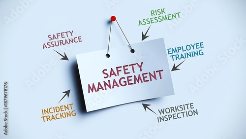 Safety management diagram with core components like risk assessment, employee training, incident tracking, and worksite inspection on a light blue background.
