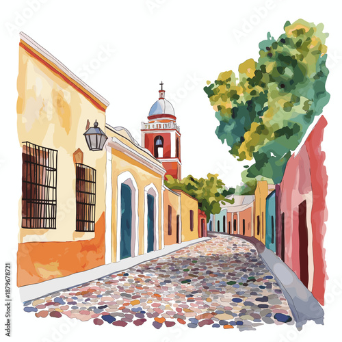 Colonia del Sacramento. Colonia del Sacramento hand drawn watercolor illustration