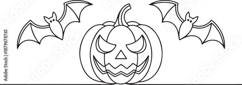 Halloween Pumpkin with Bats Line Art