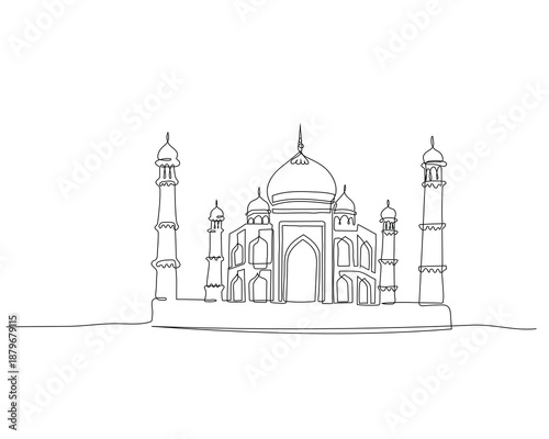 Minimalist line art of the Taj Mahal with elegant domes and minarets, capturing iconic Mughal architecture in a clean, simple outline.