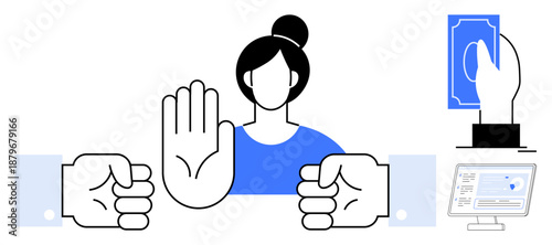 Business ethics, bribery prevention, corruption awareness, finance management, online transactions, ethical decision making. Person with raised hand stopping a bribe. Business ethics and bribery