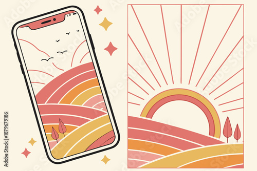 Smartphone displaying a retro landscape wallpaper design next to the full vertical graphic layout.
