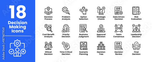 Decision Making icon set featuring professional icons that illustrate decision processes, strategic choices, risk evaluation, and business judgment. Ideal for business presentations.