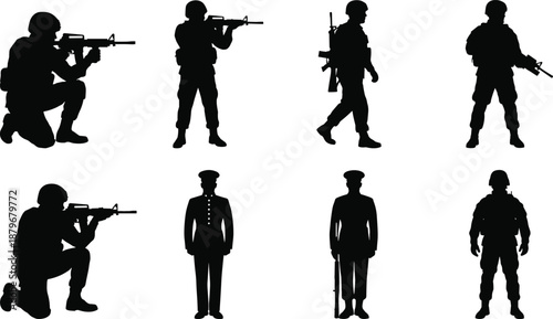 Black silhouettes of armed soldiers in different poses, military personnel set representing army training, combat readiness, security, defense forces, and tactical operations illustration