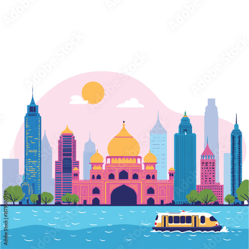 Vector illustration of the Taj Mahal in Agra India featuring a stylized silhouette of the famous landmark architecture and city skyline for travel design