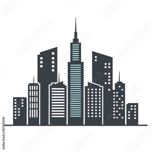 A modern city skyline silhouette with tall skyscrapers and urban buildings at night