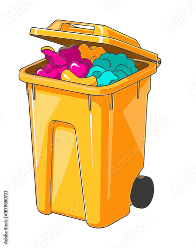 Colorful Trash Bin Filled with Waste.