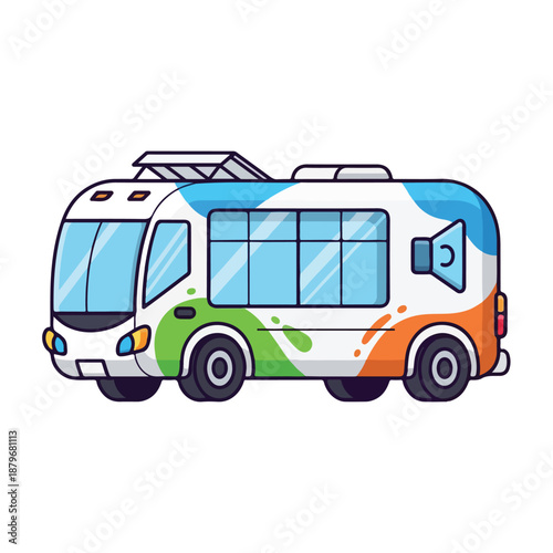Colorful Cartoon Bus with Speakers on White Background