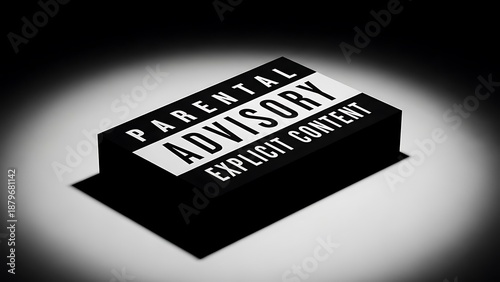 3D Parental Advisory Explicit Content Warning Logo Box Illuminated by Dramatic Spotlight. Restriction, Censorship, and Mature Media Content Icon Symbol on High Contrast Background.