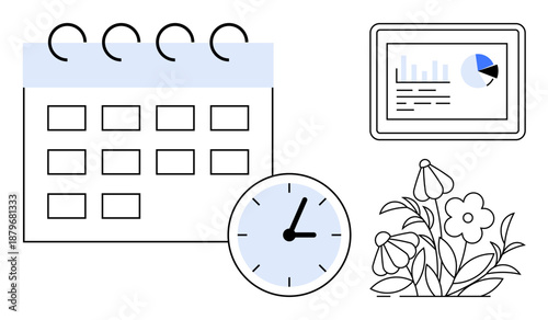 Business planning, time management, productivity, data analysis, scheduling, organization. Calendar, clock chart and flowers for balance. Time management and productivity for everyday tasks