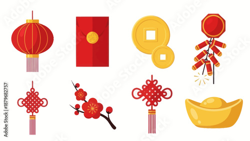 Chinese New Year Icons: Lantern, Red Envelope, Coins, Firecrackers, Plum Blossom, Gold Ingot