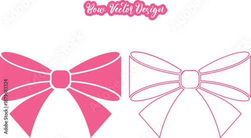 Bow. Ribbon Bow Vector Illustration. Valentine Heart Ribbon Vector Elements. Layered Ribbon Tie Silhouette. Curvy Tapered Bow Clipart. Formal Double Fold Pink Ornament