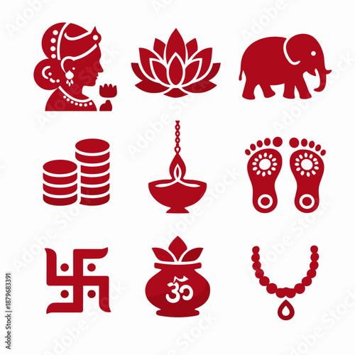 Red silhouette Goddess Lakshmi vector icons set. Hindu religious symbols including swastika necklace and hanging lamp. Diwali festival design elements.
