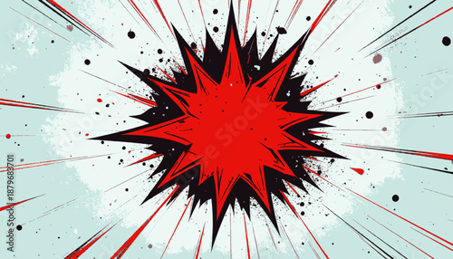 A stylized comic book explosion in red and black, with radiating lines on a blue-grey background