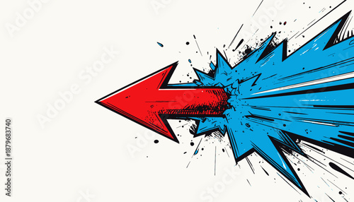 A striking graphic shows a red arrow breaking through a blue explosion with white backdrop