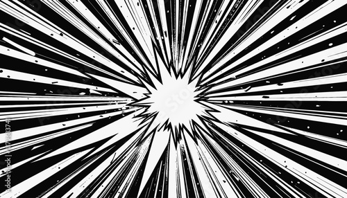 A dynamic, black and white radial burst design with jagged edges radiating from the center