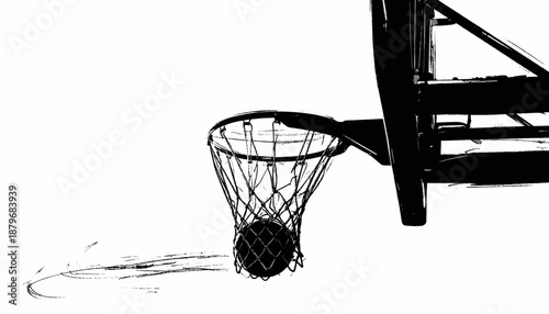 A black and white illustration of a basketball net with a ball, abstract lines at the bottom