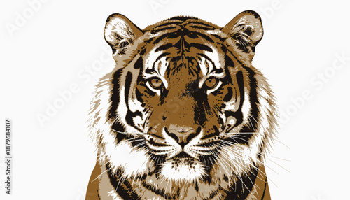 A striking image of a tiger's face in shades of brown, black, and white against a white backdrop