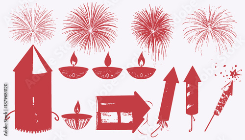 Festive red illustrations featuring fireworks, lamps, a house, arrows, and rockets on a white backdrop