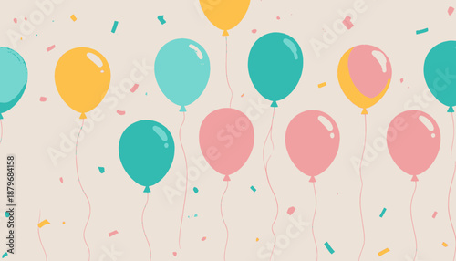 Colorful balloons floating with confetti in a festive celebration scene on a cream background