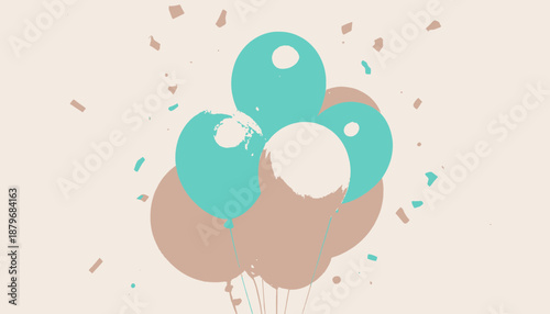 Stylized illustration features balloons in varying colors with confetti-like shapes, all over cream backdrop