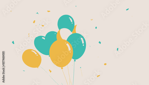 Illustration of a collection of vibrant balloons in various shapes and confetti, simple background