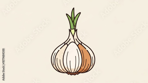 Garlic Bulb with Green Stems Isolated on Beige Background