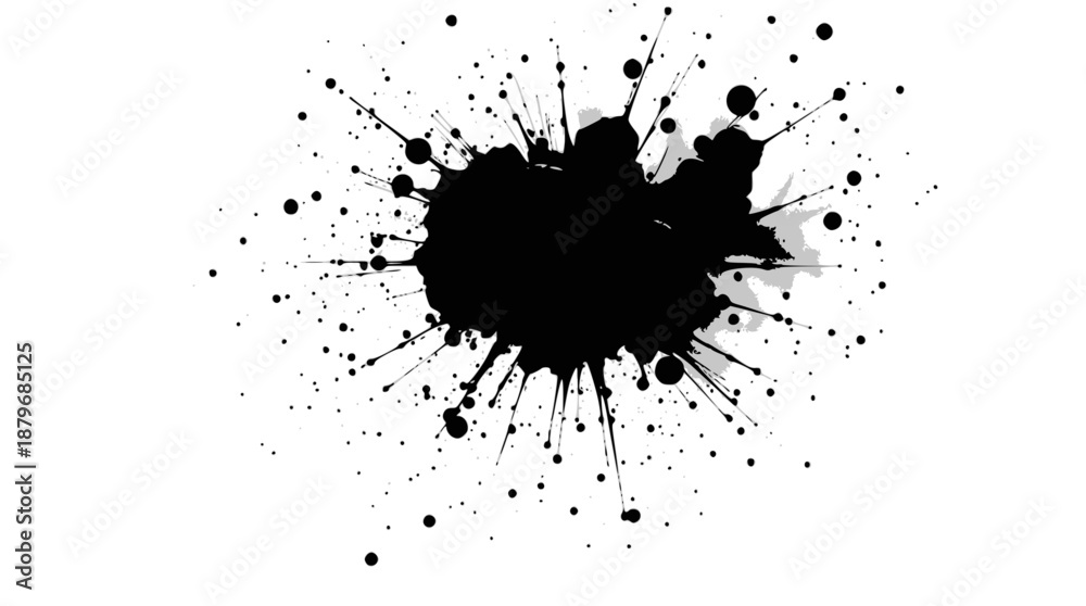 Fototapeta premium Abstract black ink splatter with many small dots on a clean white background.
