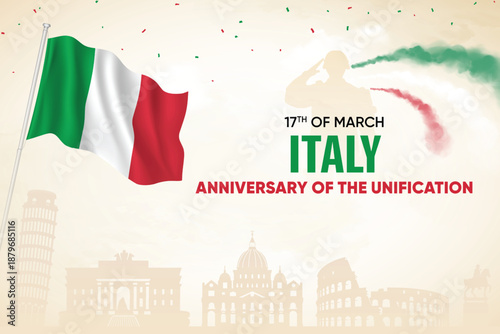 Anniversary of Unification Of Italy Vector Background Wth Italian Flag. National Patriotic Poster Design Template With Skyline and Air Show in Background.