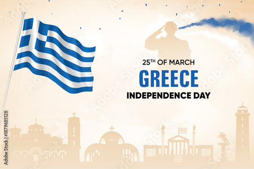 Greece Independence Day Vector Background Wth Greece Flag. National Patriotic Poster Design Template With Skyline and Air Show in Background.