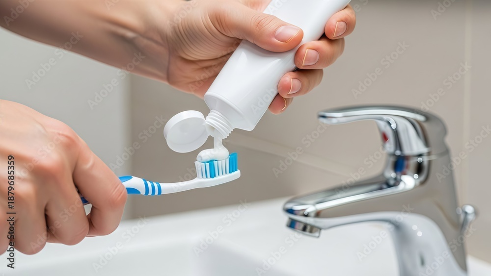 Fototapeta premium Person applying toothpaste on a toothbrush in a bathroom
