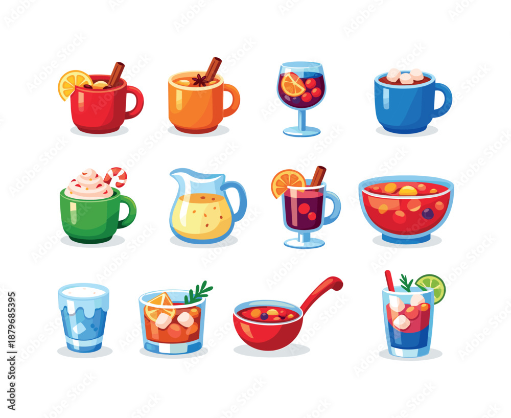 Obraz premium Festive Drink Icons. Festive winter beverages. Colorful flat vector icons set of Festive winter beverages: hot