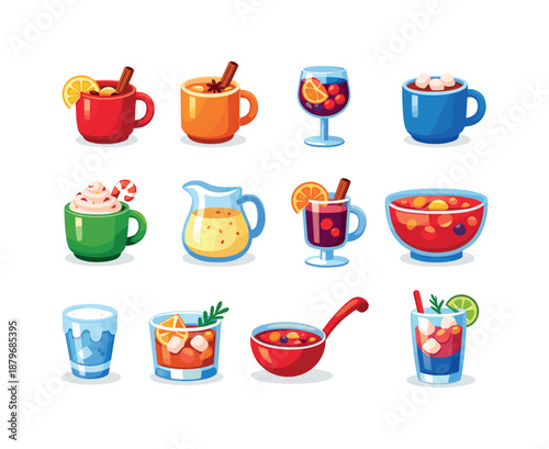 Festive Drink Icons. Festive winter beverages. Colorful flat vector icons set of Festive winter beverages: hot