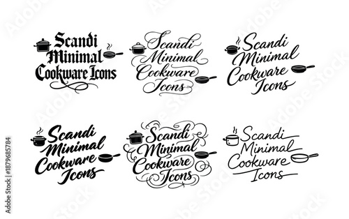 Scandi Cookware Calligraphy. Scandi Minimal Cookware Icons. Create a calligraphy lettering illustration of the