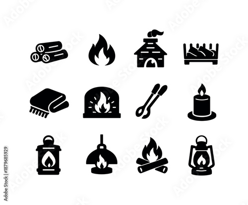 Nordic Fireplace Icons. Nordic Fireplaces. Filled icon set of Nordic Fireplaces: wooden logs, crackling fire,