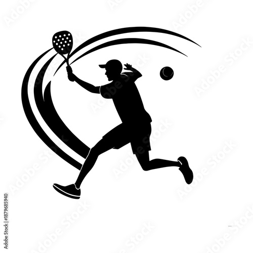Dynamic Silhouette of Padel Player in Action with Racket and Ball Motion Lines