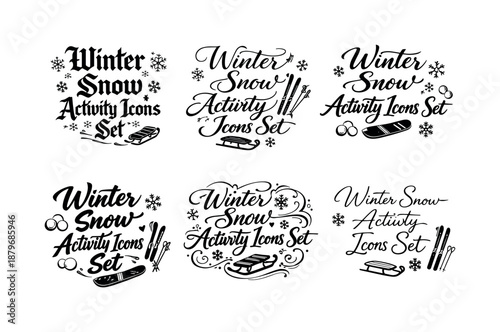 Winter Calligraphy Designs. Winter Snow Activity Icons Set. Create a calligraphy lettering illustration of the