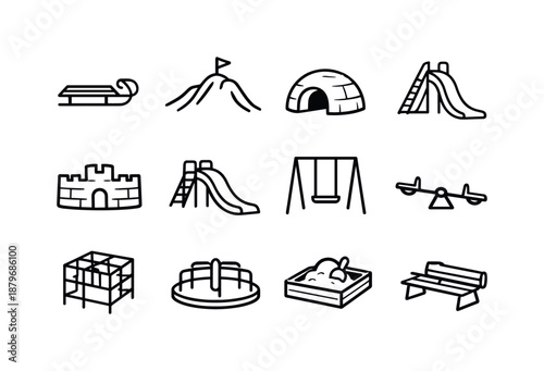 Winter Playground Icons. Cold-weather outdoor play items. Line outline icon set of Cold-weather outdoor play
