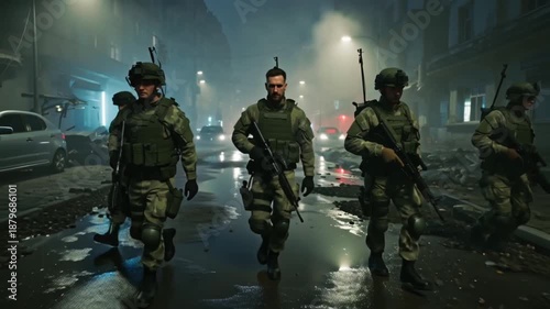Cinematic 4K video group of military soldiers returning mission urban setting dusk. Realistic military uniforms, rifles slung shoulders, exhausted determined faces, walking deserted streets damaged