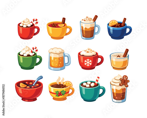 Cozy Winter Drink Icons. Cozy winter drinks. Colorful flat vector icons set of Cozy winter drinks: hot