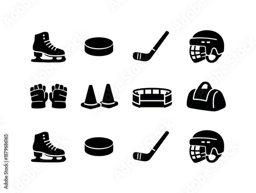 Cold Weather Gear. Cold Weather Ice Kit. Filled icon set of Cold Weather Ice Kit: figure skates, puck, hockey