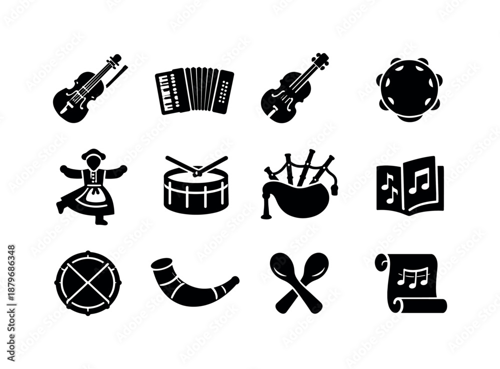 Obraz premium Nordic Music Icons. Nordic Folk Music. Filled icon set of Nordic Folk Music: violin, accordion, fiddle,
