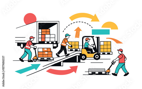 Image Generation. Loading and unloading operations. A truck dock scene with workers transferring pallets,