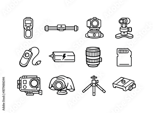 Winter Timelapse Icons. Winter timelapse gear. Line outline icon set of Winter timelapse gear: intervalometer,