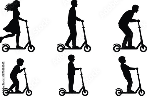 Silhouette set of people riding kick scooters, men, women and children using urban electric transport, active outdoor mobility poses isolated black figures for city design