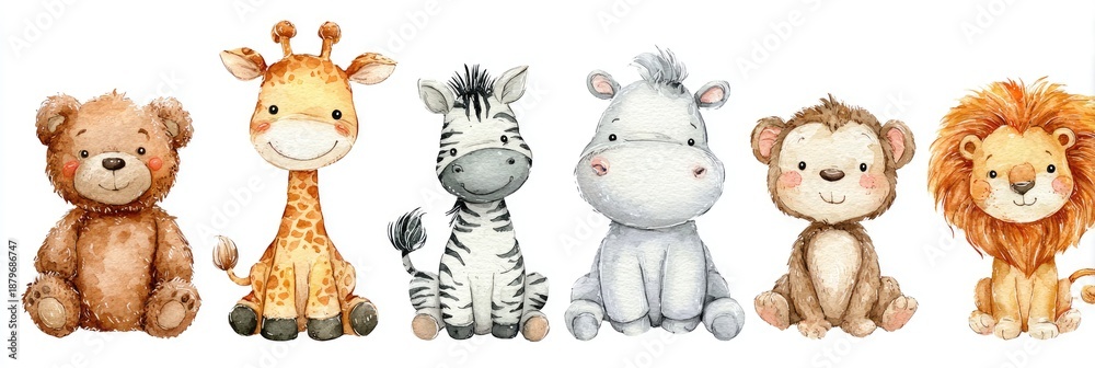Fototapeta premium A collection of adorable watercolor animal illustrations, perfect for nursery decor or children's projects