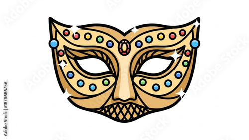 Golden Masquerade Mask with Jewels Isolated on White Background