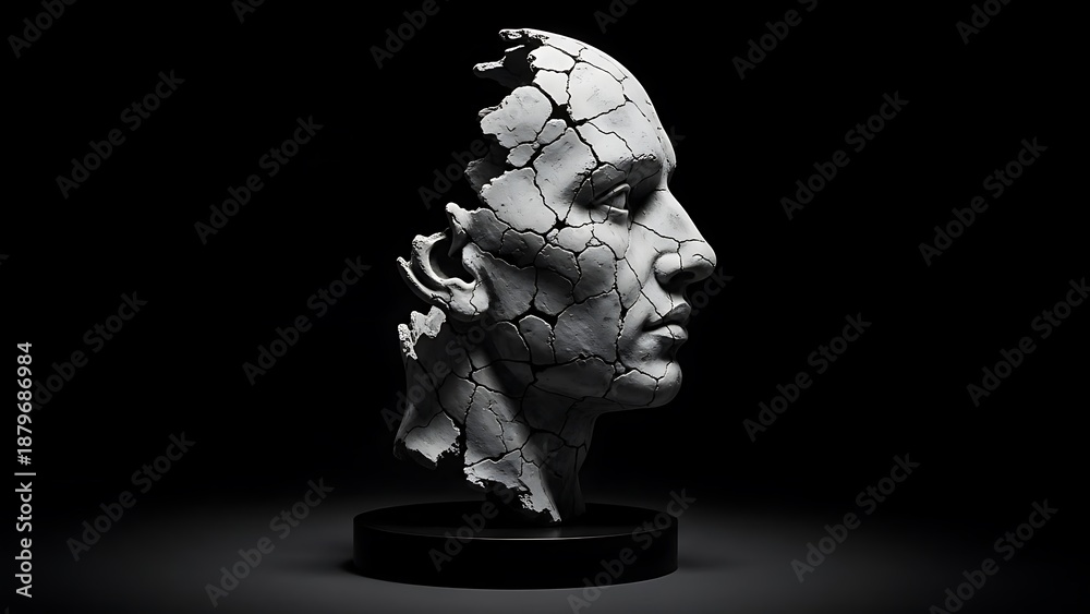 Fototapeta premium Cracked white bust sculpture on black base broken