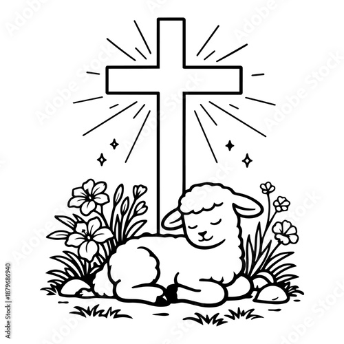 black and white lamb resting at the cross with spring flowers christian easter illustration for apparel mugs wall art books posters cards prints and decorations